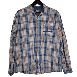 Columbia Shirt Mens Long Sleeve Large Perf Hunting Gear Blue Orange Plaid Button